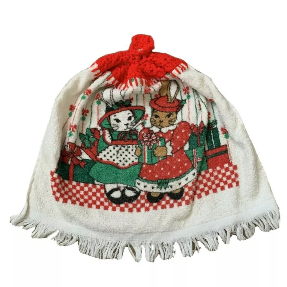 Vintage Holiday Rabbits Crochet Hand Towel